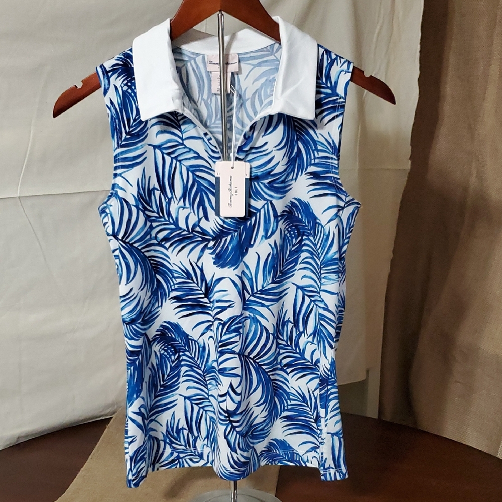 Tommy Bahama Blue and White Leaf Print Tank Top